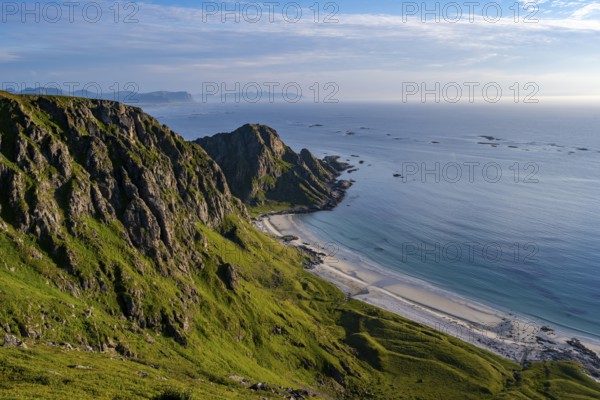 View of picturesque coastal landscape, Høyvika beach and sea, hike to the summit of Måtind, Andøya Island, Vesterålen, Nordland, Norway, Europe