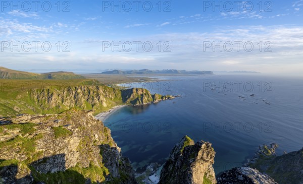 View from the summit of Måtind or Måtinden, view of picturesque coastal landscape, Høyvika beach and sea, Andøya island, Vesterålen, Nordland, Norway, Europe