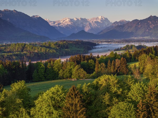 Aerial view, trees, forest, meadow, light green leaves, morning light, fog, mountains, sunny, spring, near Murnau, behind Zugspitze, foothills of the Alps, Bavaria, Germany, Europe