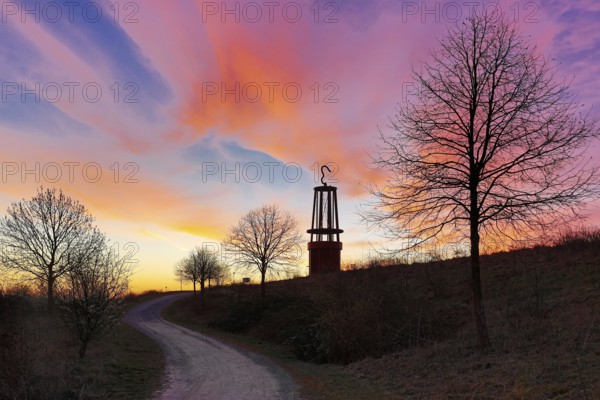 Artwork Geleucht by Otto Piene at sunrise, Rheinpreussen slag heap, Moers, Ruhr area, Lower Rhine, North Rhine-Westphalia, Germany, Europe