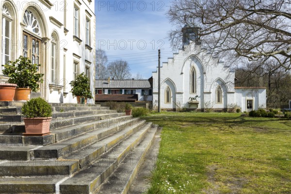 Park view of Lützschena Castle, in the background the stables, Leipzig, Saxony, Germany, Europe