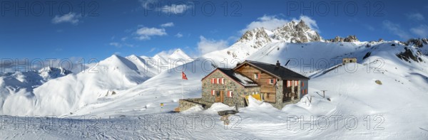 SAC Alpine Club hut in winter, Chamanna d'Es-cha, Pitz Blaisun, Albula Alps, Grisons, Switzerland, Europe