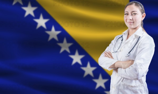 Female doctor on Bosnia flag. Doctor with crossed arms on Bosnia flag. Bosnia health and care concept