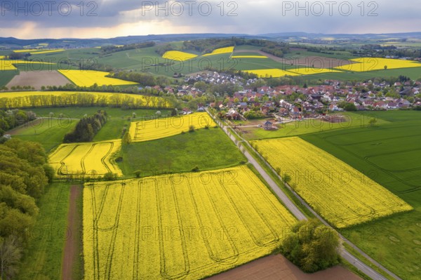 View of Tiftlingerode between blooming rape fields in rain and sunshine, Duderstadt, Lower Saxony, Germany, Europe