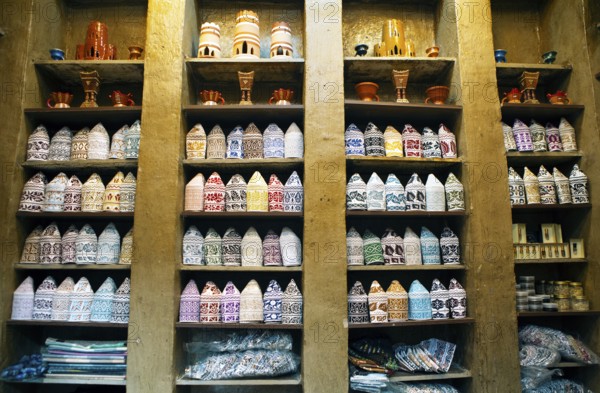 Shop for kumma or traditional caps in the souk or soug or market in the old town of Nizwa, ad-Dachiliyya region, Oman, Asia