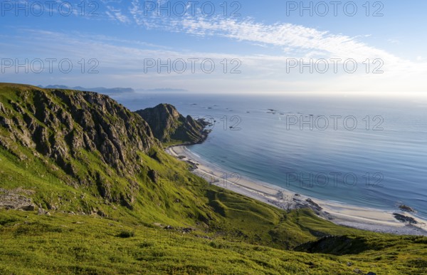 View of picturesque coastal landscape, Høyvika beach and sea, hike to the summit of Måtind, Andøya Island, Vesterålen, Nordland, Norway, Europe