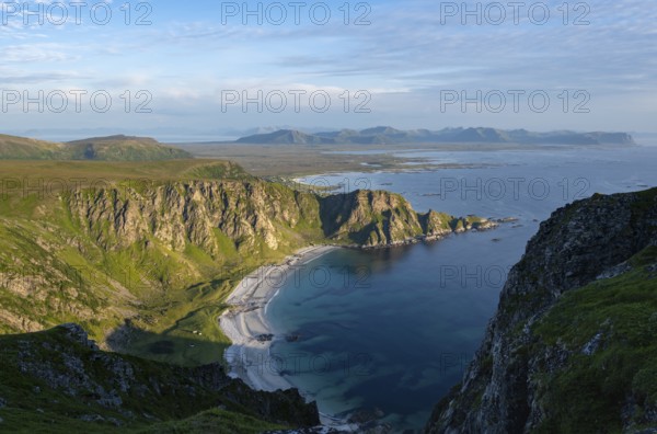 View from the summit of Måtind or Måtinden, view of picturesque coastal landscape, Høyvika beach and sea, Andøya island, Vesterålen, Nordland, Norway, Europe