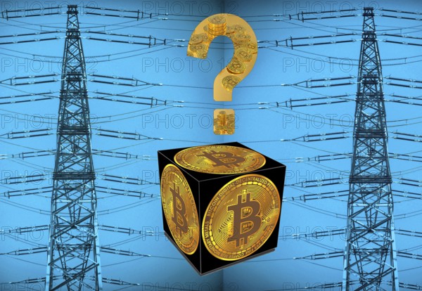 Symbolic image, Bitcoin questionable due to extreme energy demand, stock market prices, insecure digital currency, resources, energy, industry, economy critical, stock market hype, stock market crash, payment, insolvency, wrong decisions, maximum profit, profit slump, share prices, Germany as a business location, global economy, globalisation, environmental protection, mafia, Trump government, Bitcoin rally, cryptocurrency, electronic wallet, crypto reserve, price development, stock market trading