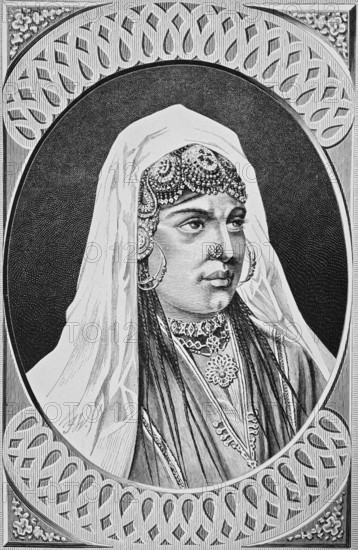 Portrait of a young woman from Kashmir, serious look, precious jewellery, necklace, diadem, nose ring, earring, headdress, valuable clothes, headscarf, dress, braided plaits, jewellery, ornamentation, noble wealth, elegance, historical illustration, India, woman of the 19th century, Asia
