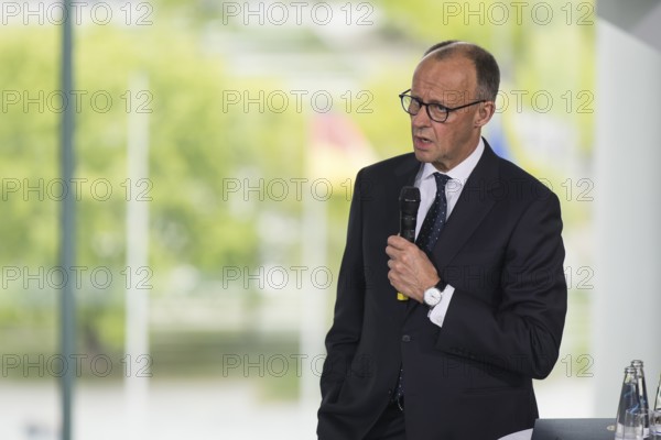 Friedrich Merz (CDU), Chancellor of the Federal Republic of Germany, at the opening statement for the discussion with the multilateral youth camp Youth4Peace in the Federal Chancellery, Berlin, 8 May 2025