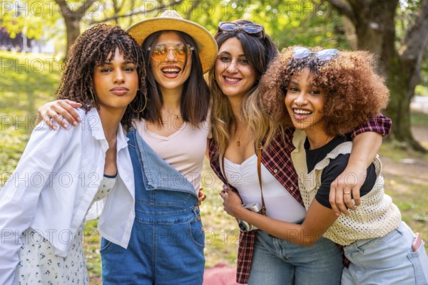 Four diverse young women are hugging, enjoying a carefree day together in a park, embodying unity and happiness