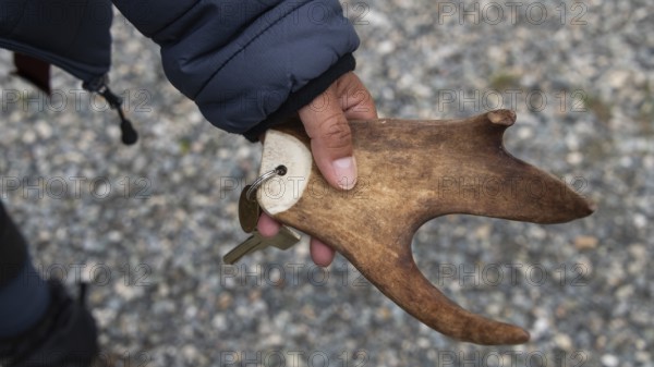 Part of a reindeer antler, hand holding key ring, Kongsvoll or Kongsvold Fjeldstue, historic mountain hut, Drivdalen valley, Dovrefjell, Oppdal municipality, Trøndelag county, Norway, Europe