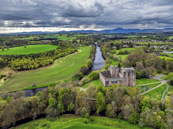 Doune Castle from a drone, Doune, Stirling, Scotland, England, United Kingdom, Europe