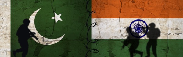Conflict between India and Pakistan concept. Political tension between India and Pakistan. Pakistan vs India flag on cracked wall