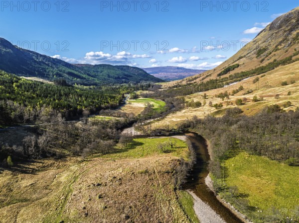Glen Nevis Valley and River Navis from a drone, Fort William, Lochaber, Highland, Scotland, United Kingdom, Europe