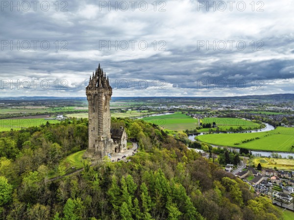 The National Wallace Monument or William Wallance Monument from a drone, Stirling, Scotland, England, United Kingdom, Europe