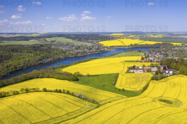 Aerial view of the Malter reservoir surrounded by blossoming rape fields, Paulsdorf (left) and Malter (right), Dippoldiswalde, Saxony, Germany, Europe