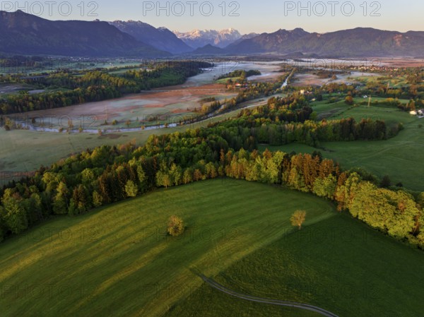 Aerial view, trees, forest, meadow, light green leaves, morning light, fog, mountains, sunny, spring, near Murnau, behind Zugspitze, foothills of the Alps, Bavaria, Germany, Europe