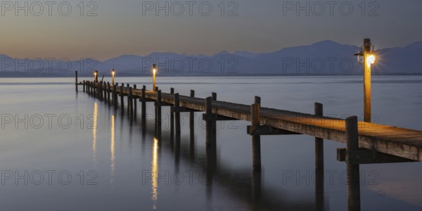 Sunrise, footbridge at Malerwinkel, Chiemsee, Chiemgau, Bavaria, Germany, Europe