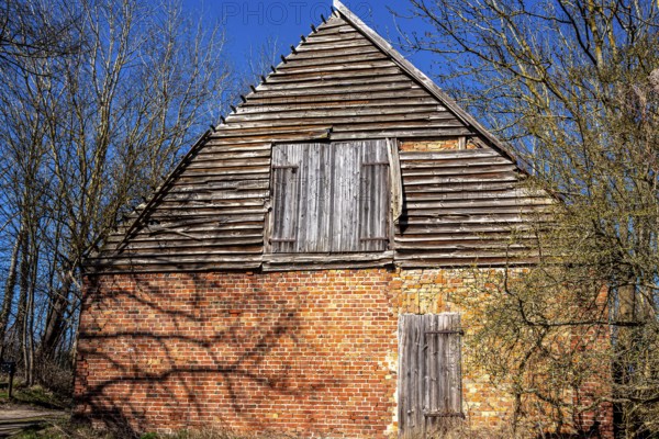 Abandoned and derelict farmhouses on undeveloped land in Rügen, Mecklenburg-Vorpommern, Germany, Europe
