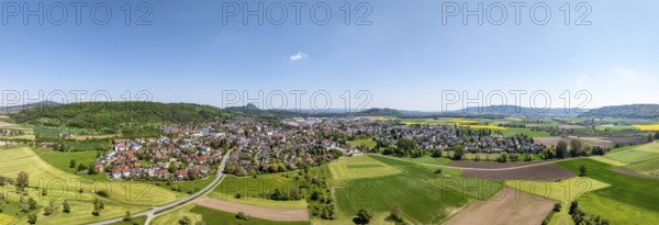 Aerial view, panorama, view of the municipality of Gottmadingen in Hegau, on the horizon the Hegau volcano Hohentwiel, district of Constance, Baden-Württemberg, Germany, Europe