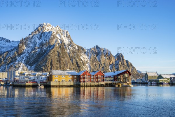 View of Svolvaer, harbour, snow-covered mountains in the background, Austvågøy, Lofoten, Norway, Europe