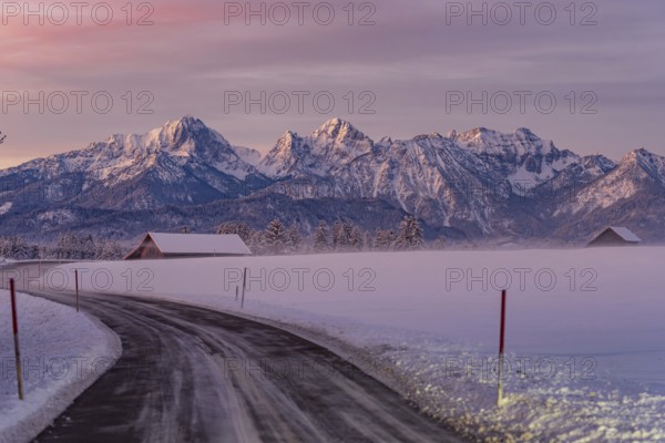 Winter landscape in the Allgäu near Halblech at sunrise