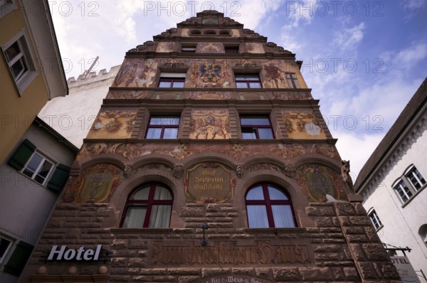 Hotel, restaurant, Graf-Zeppelin-Haus with wall painting, facade painting, Constance, Baden-Württemberg, Germany, Europe