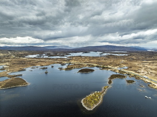 Rannoch Moor from a drone over Loch Ba and Loch of the Armpit, A82 Highland Way, Argyll and Bute, West Highlands, Scotland, United Kingdom, Europe
