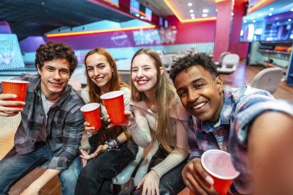 Group of cheerful young multiethnic friends taking a selfie while drinking and having fun in a bowling club