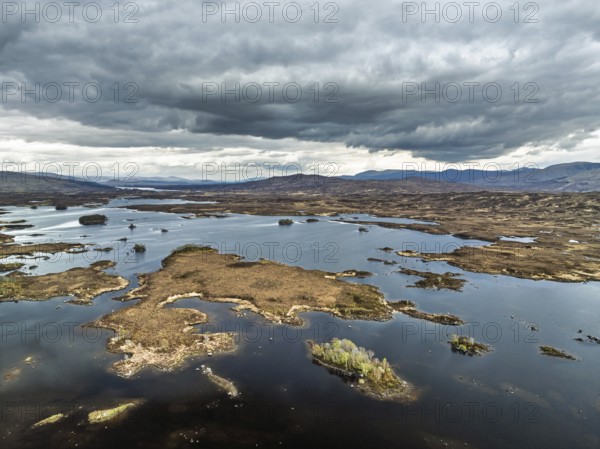 Rannoch Moor from a drone over Loch Ba and Loch of the Armpit, A82 Highland Way, Argyll and Bute, West Highlands, Scotland, United Kingdom, Europe