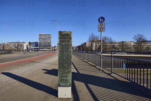 Footpath and cycle path, metal railing, lantern, general architecture, high-rise building, stele with explanations of the building, blue sky, cloudless, Wilhelm-Heinrich-Brücke, Saarbrücken, state capital, regional association Saarbrücken, Saarland, Germany, Europe