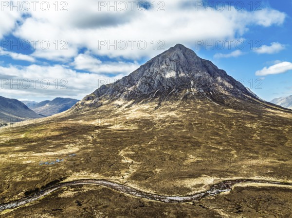 The Buachaille Mountain and Moors over Glen Etive Valley from a drone, Buachaille Etive Mòr, The Buachaille, Highlands, Scotland, United Kingdom, Europe