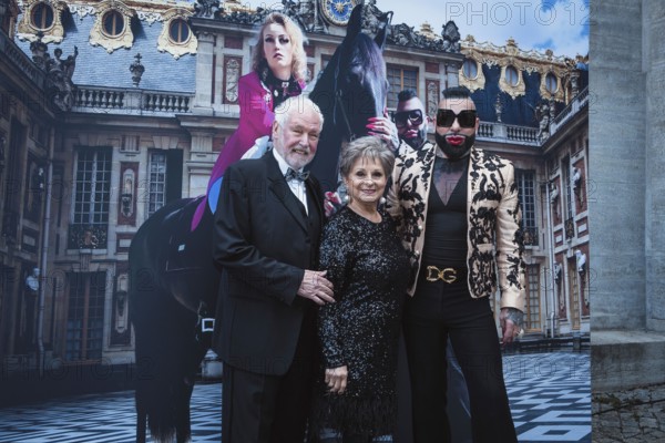 Dr Klaus Lenk, Dagmar Frederic and Harald Glööckler in front of a dinner by star designer Harald Glööckler with dressage rider Tatiana Makarova at Berlin's Hotel SO/ Berlin Das Stue on 09.05.2025