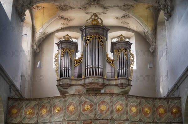 Interior view, gallery, organ, ceiling painting, ceiling fresco, collegiate church Sankt Peter und Paul, Niederzell, Insel Reichenau, Landkreis Konstanz, Baden-Württemberg, Germany, Europe