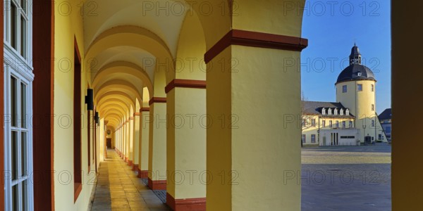 Lower Castle, arcade in the Corps de Logis and view of the Fat Tower with Castle Square, Siegen, North Rhine-Westphalia, Germany, Europe