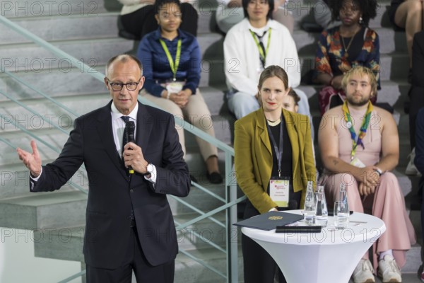 Friedrich Merz (CDU), Chancellor of the Federal Republic of Germany, at the opening statement for the discussion with the multilateral youth camp Youth4Peace in the Federal Chancellery, Berlin, 8 May 2025