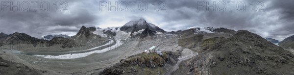 Alpine panorama, mountain hut Cabane des Dix, mountain landscape with glacier Glacier de Cheilon and summit Mont Blanc de Cheilon, Valais, Western Alps, Switzerland, Europe