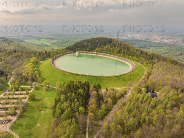 Upper reservoir, view over a water reservoir in a wooded and extensive landscape, Glems reservoir, Swabian Alb, Germany, Europe
