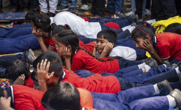 Students take part in a drill as part of a civil defence drill on May 10, 2025 in Guwahati, India, Asia