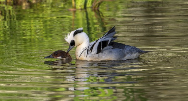 Smew (Mergellus albellus, Mergus albellus) pair, male biting female in neck while mating in pond in spring