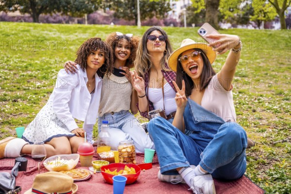 Four cheerful young women enjoying a sunny picnic in the park, smiling and taking a selfie together with a smartphone, capturing joyful moments