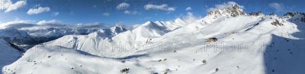 Alpine panorama, aerial view, Alpine Club hut of the SAC in winter, Chamanna d'Es-cha, Pitz Blaisun, Albula Alps, Grisons, Switzerland, Europe
