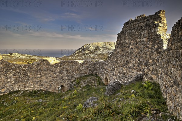 HDR, View from a ruin to the sea and a rocky landscape, Archangelos, Castle, Place, Castle of Archangelos, Rhodes, Dodecanese, Greek Islands, Greece, Europe