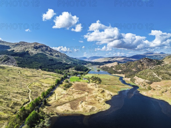 Mountains over Loch Iubhair from a drone, Crianlarich, Highlands, Scotland, United Kingdom, Europe