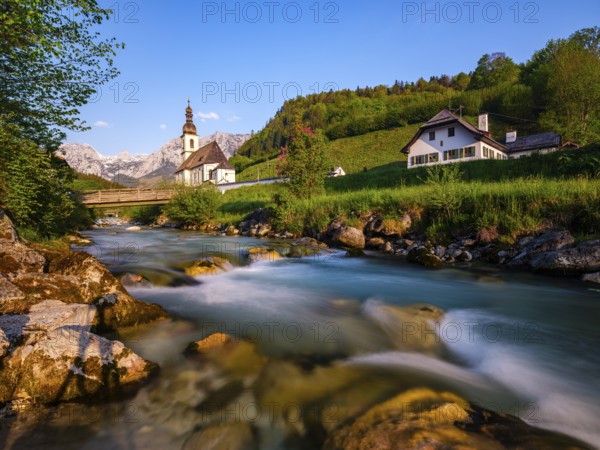 Parish church of St Sebastian on the Ramsauer Ache in the morning, Reiteralpe at the back, Ramsau, Berchtesgadener Land, Upper Bavaria, Bavaria, Germany, Europe