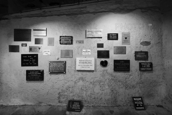 Memorial plaques in the camp crematorium, former beech forest concentration camp, now a concentration camp memorial, Weimar, Thuringia, Germany, Europe