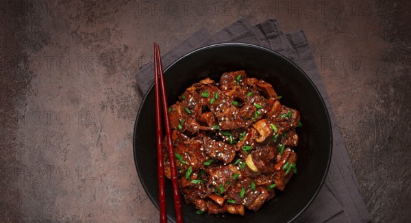 Bulgogi, with mushrooms, with sesame seeds and green onions, Korean cuisine, homemade, no people