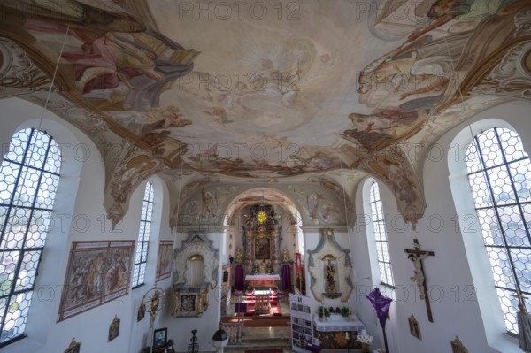 View from the organ loft onto the church interior and altar with Lenten cloth, St Laurentius and Agatha Church, Frankenhofen, Kaltental, Ostallgäu, Bavaria, Germany, Europe
