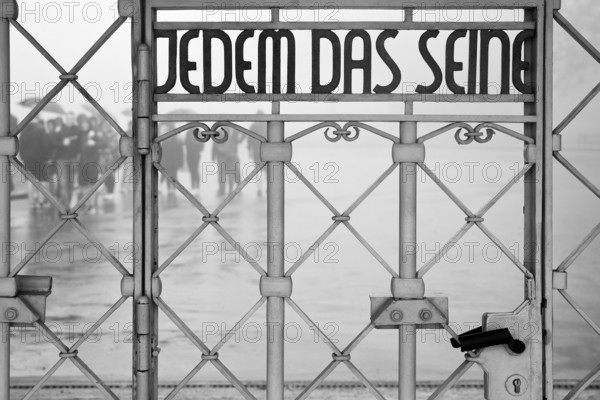 Tor tor to the beech forest concentration camp with the slogan Jedem das Seine on the entrance gate, Weimar, Thuringia, Germany, Europe